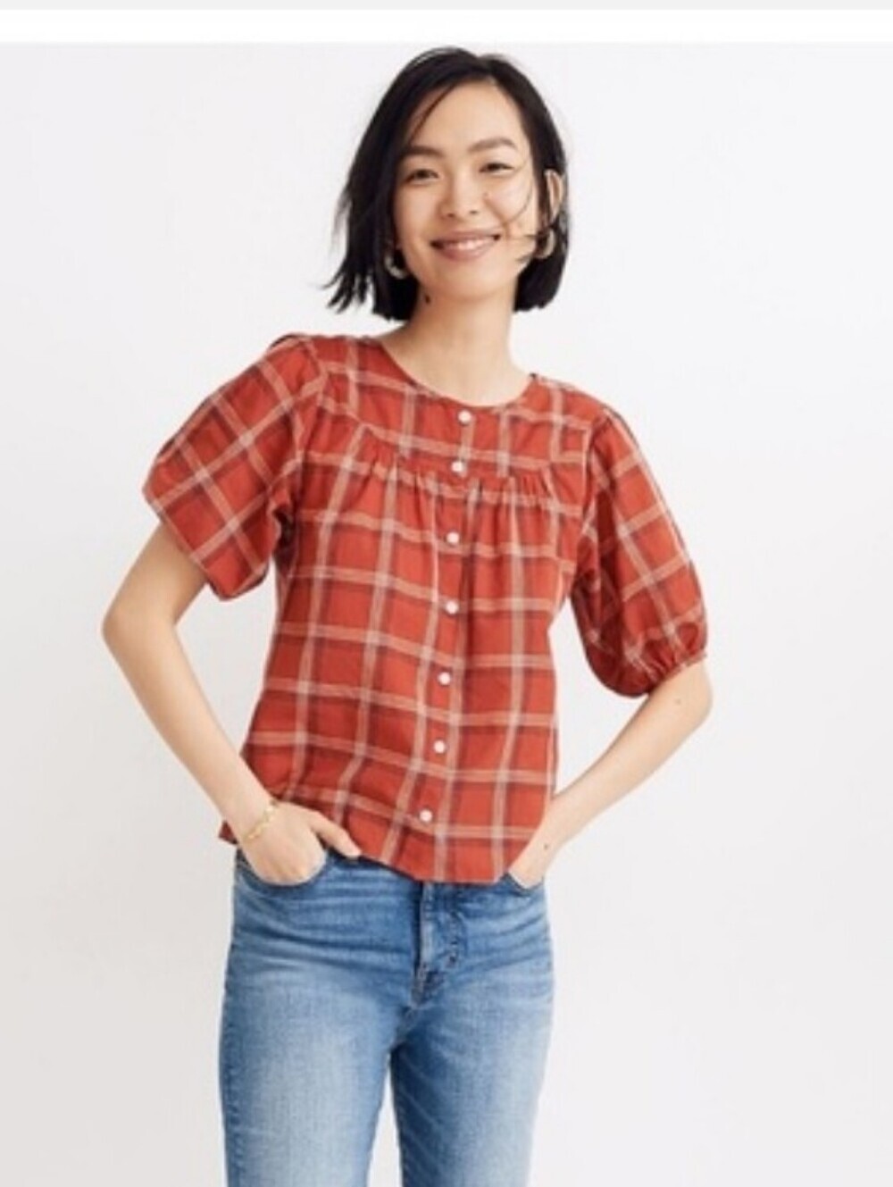 Madewell Red Plaid Short Sleeve Round Neck Lightweight Cotton Prose Shirt S